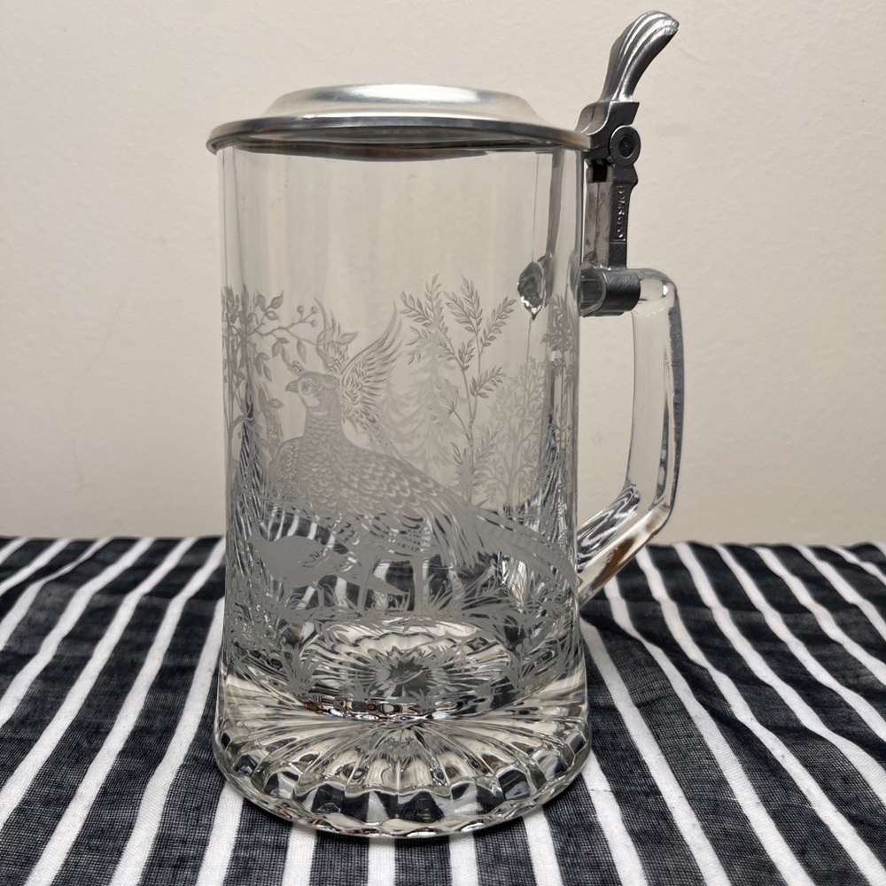 Vintage ALWE Beer Stein Etched Glass German Mug Birds/Pheasant